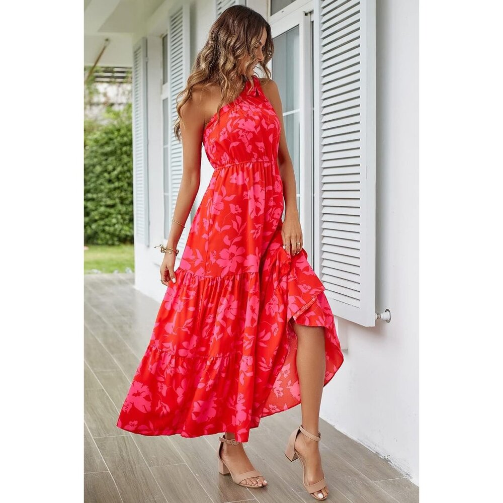 Womens 2024 Floral Knot One Shoulder Sleeveless Ruffle Boho Dress - Picture 7 of 9